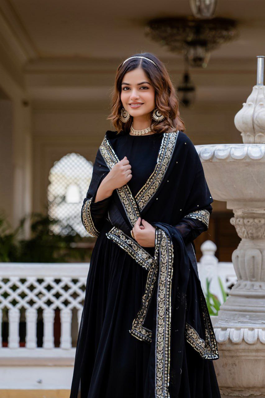 Black Faux Blooming Gown with Rich Sequins Embroidered Dupatta