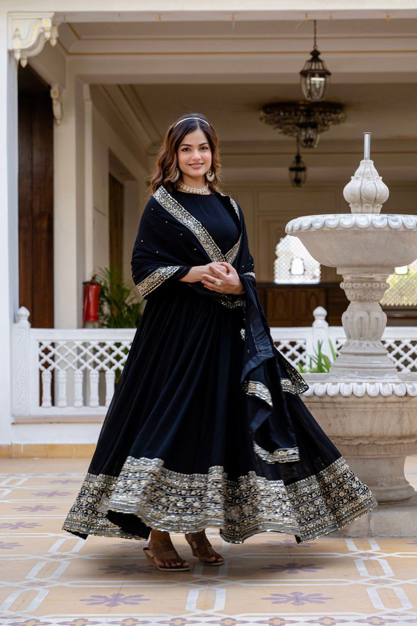 Black Faux Blooming Gown with Rich Sequins Embroidered Dupatta