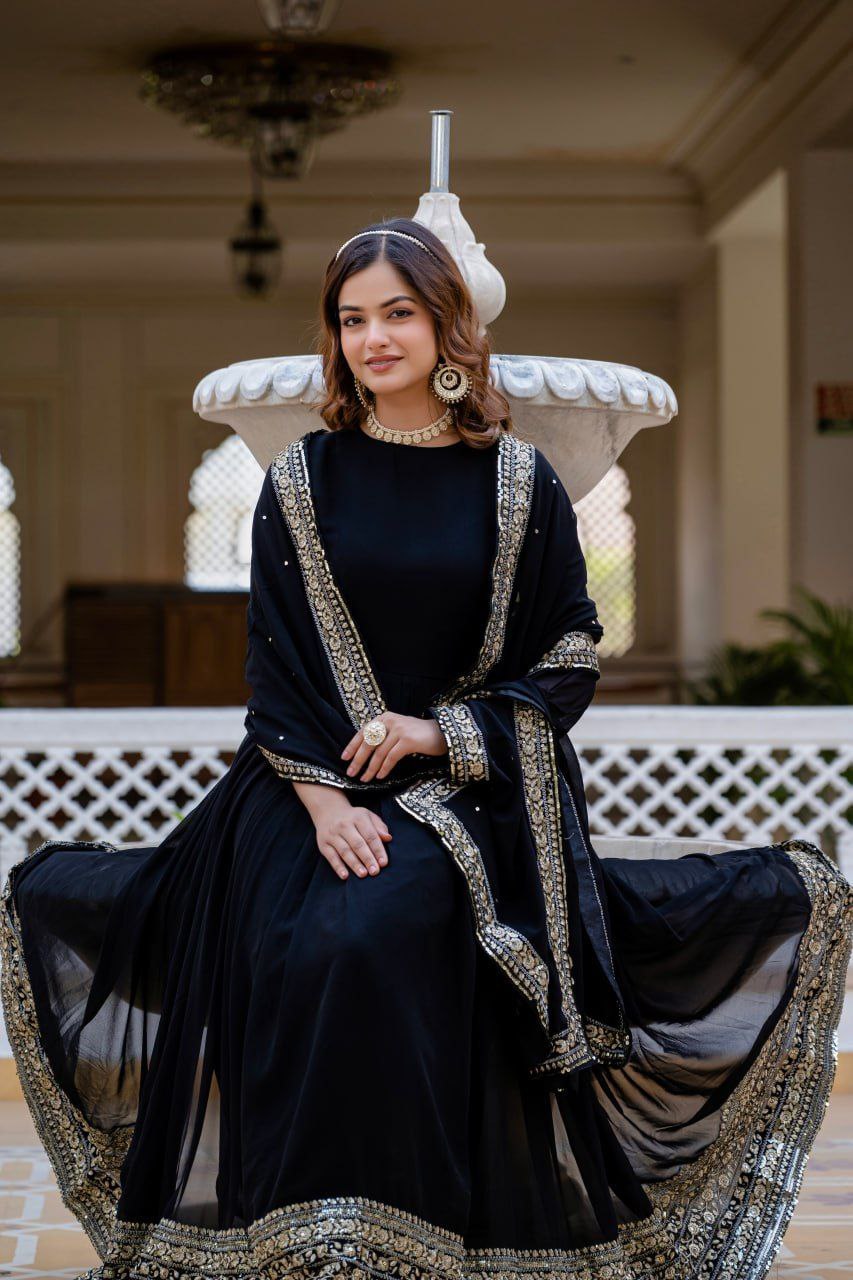 Black Faux Blooming Gown with Rich Sequins Embroidered Dupatta