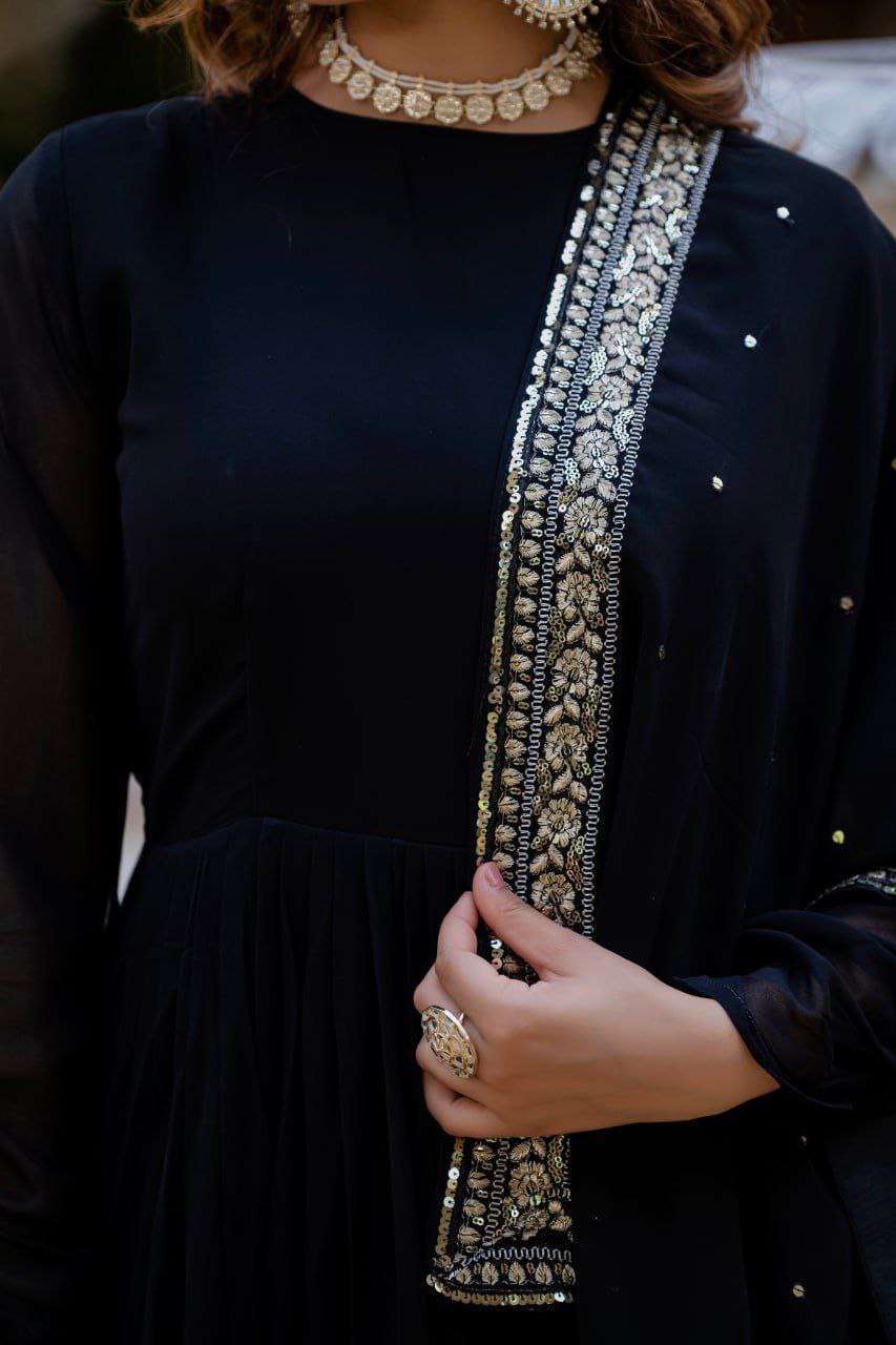 Black Faux Blooming Gown with Rich Sequins Embroidered Dupatta