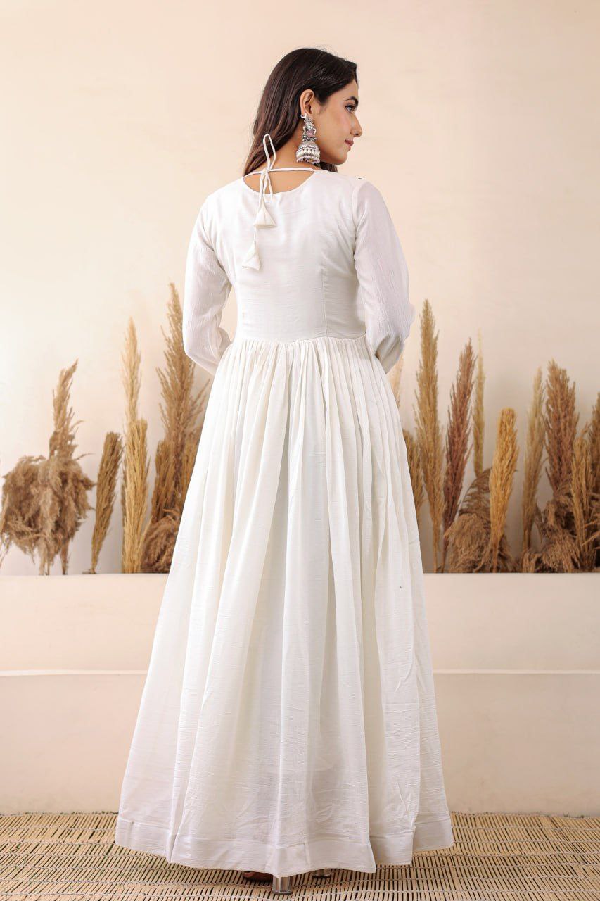 White Shimmer Vichitra Anarkali Gown with Floral Bandhani Dupatta