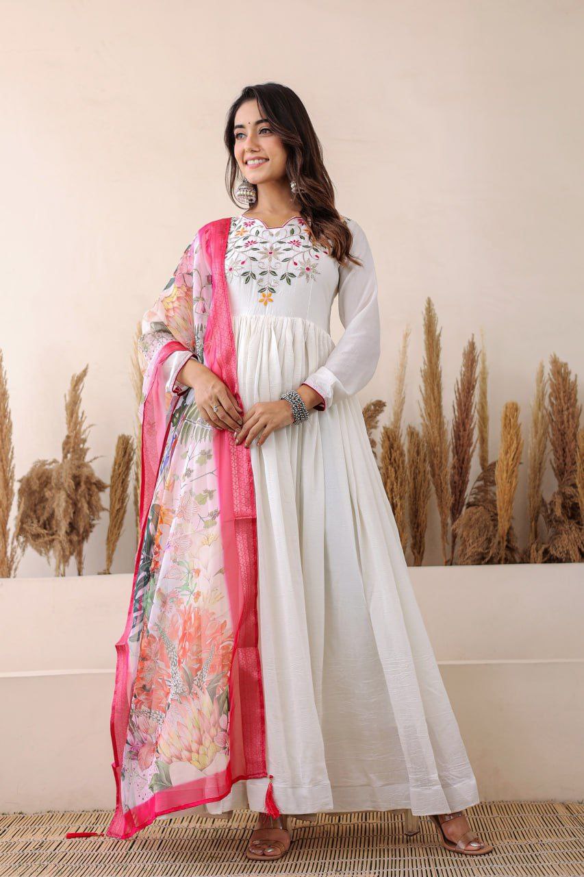 White Shimmer Vichitra Anarkali Gown with Floral Bandhani Dupatta