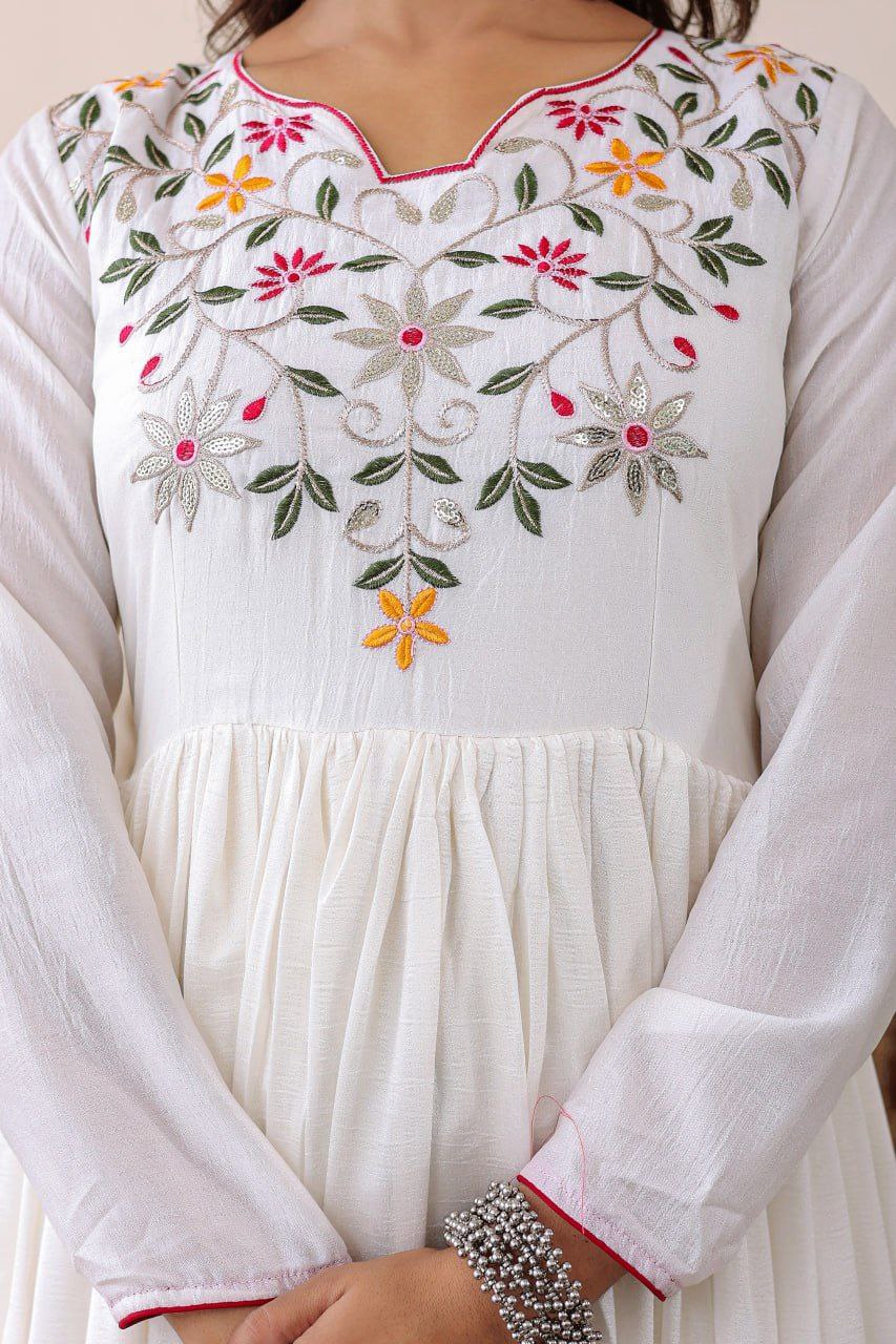 White Shimmer Vichitra Anarkali Gown with Floral Bandhani Dupatta