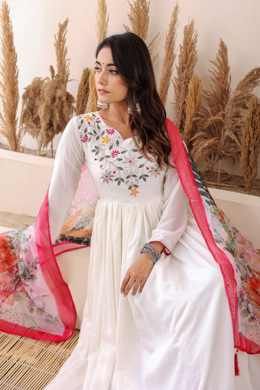 White Shimmer Vichitra Anarkali Gown with Floral Bandhani Dupatta