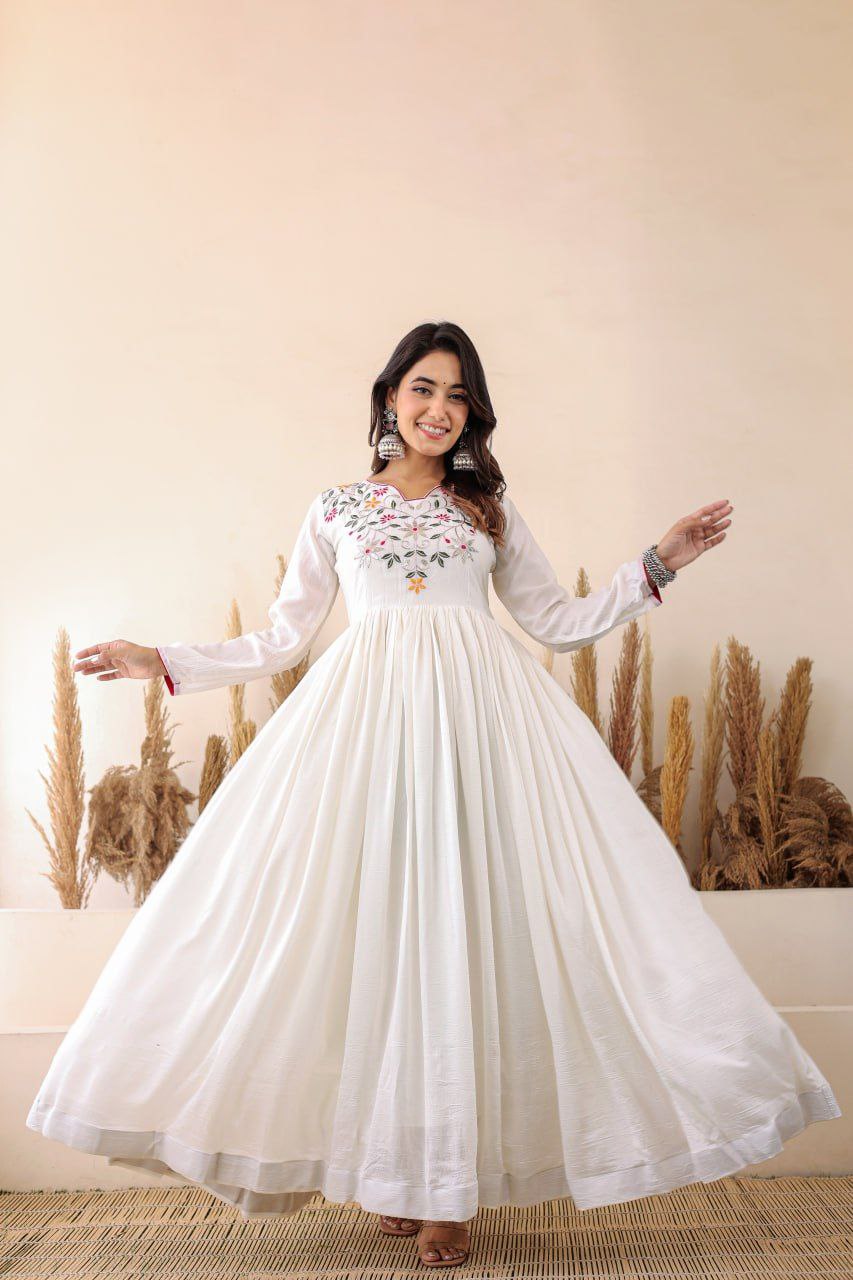 White Shimmer Vichitra Anarkali Gown with Floral Bandhani Dupatta