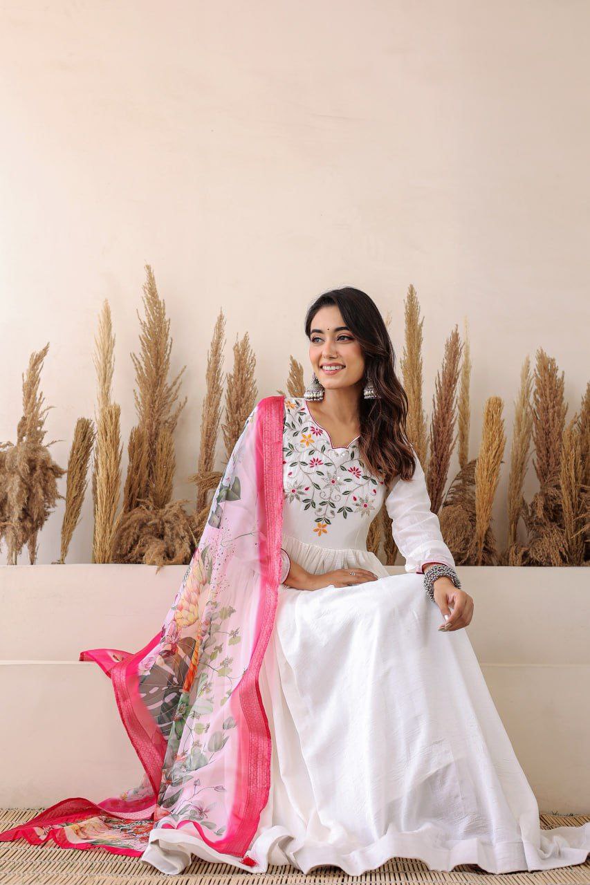 White Shimmer Vichitra Anarkali Gown with Floral Bandhani Dupatta