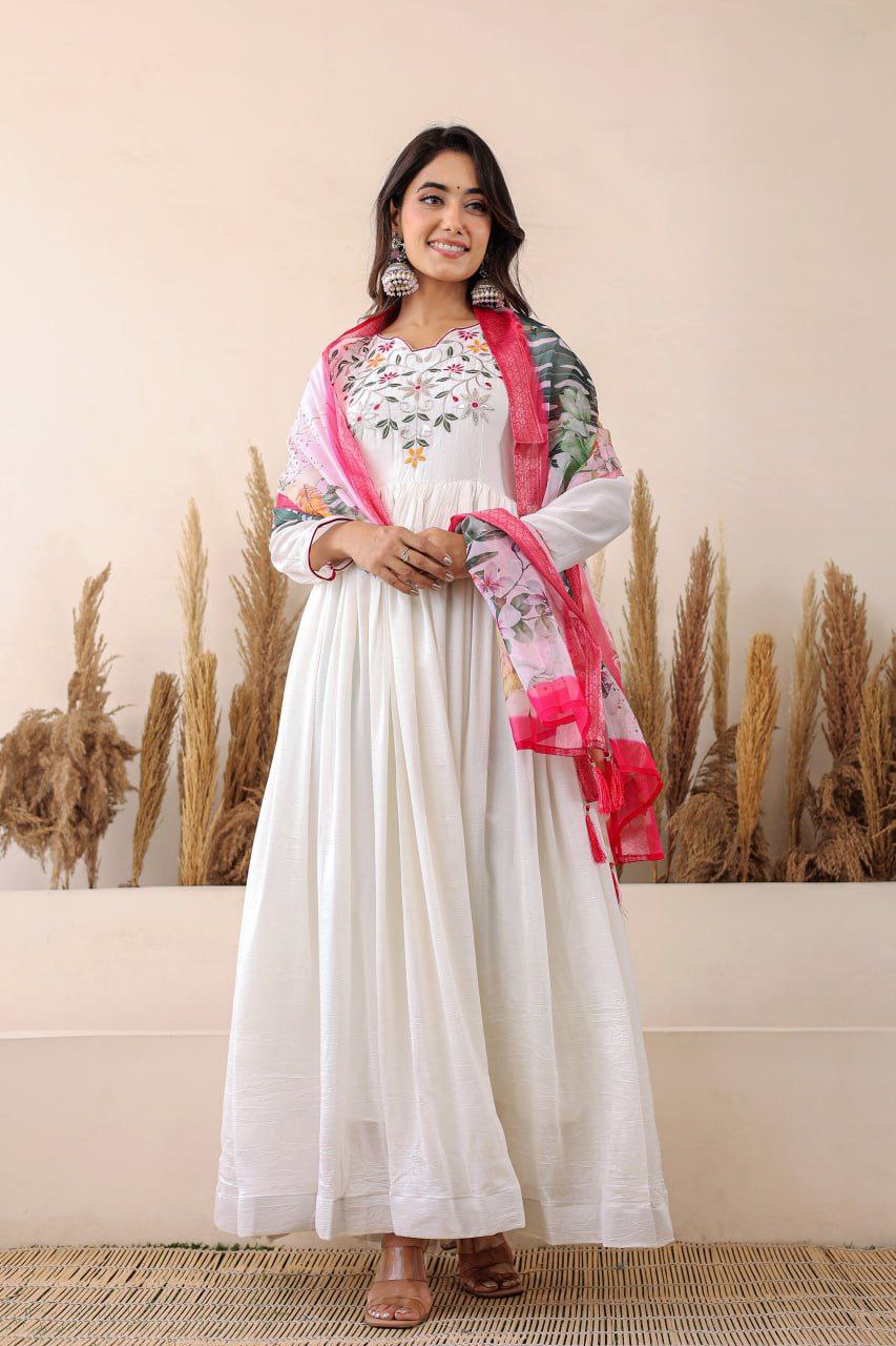 White Shimmer Vichitra Anarkali Gown with Floral Bandhani Dupatta