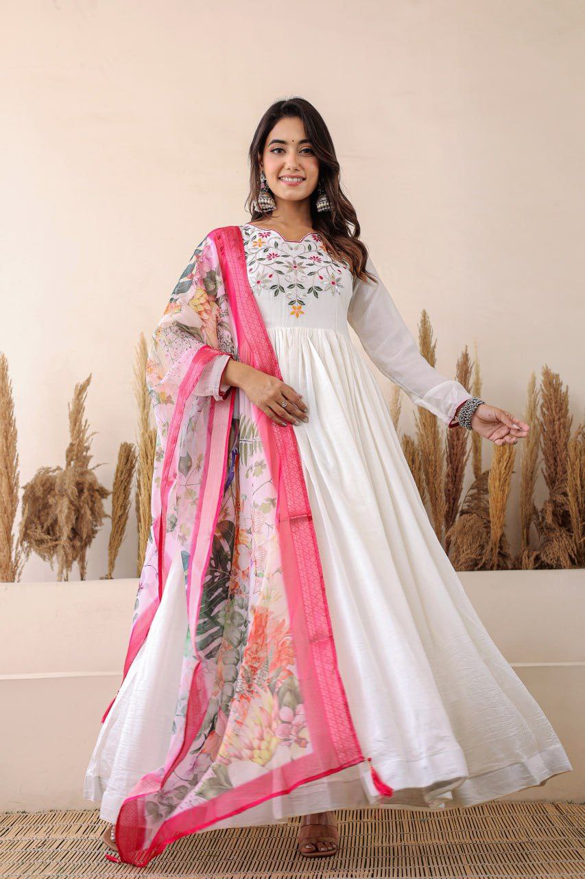 White Shimmer Vichitra Anarkali Gown with Floral Bandhani Dupatta