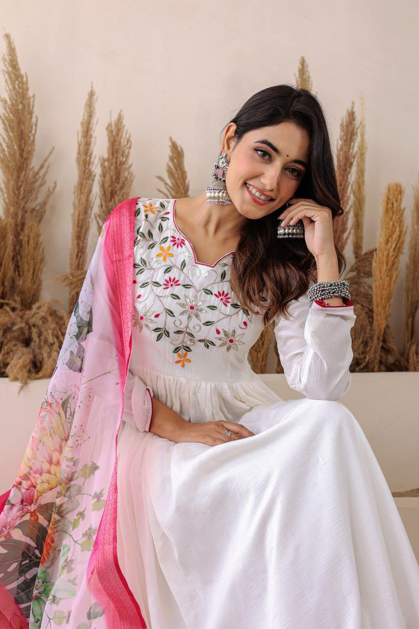 White Shimmer Vichitra Anarkali Gown with Floral Bandhani Dupatta