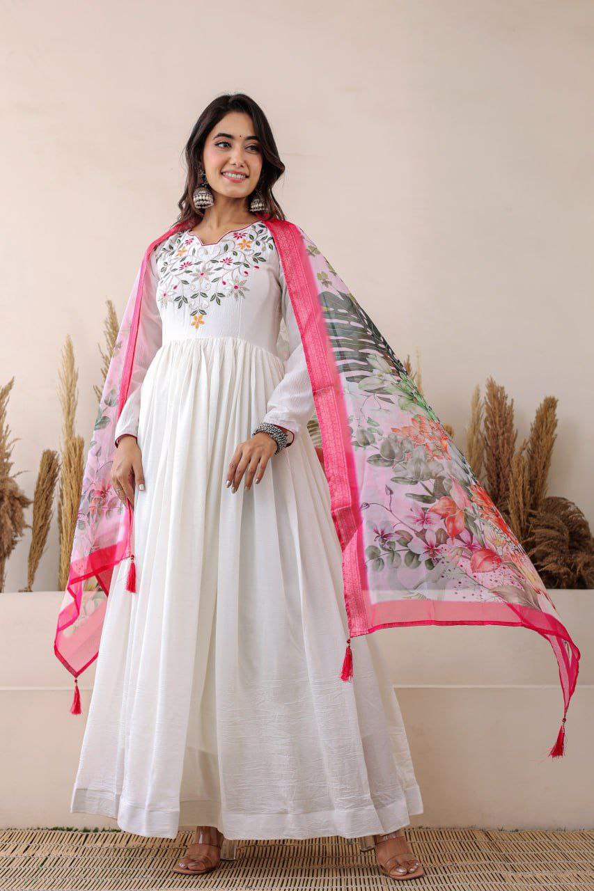 White Shimmer Vichitra Anarkali Gown with Floral Bandhani Dupatta