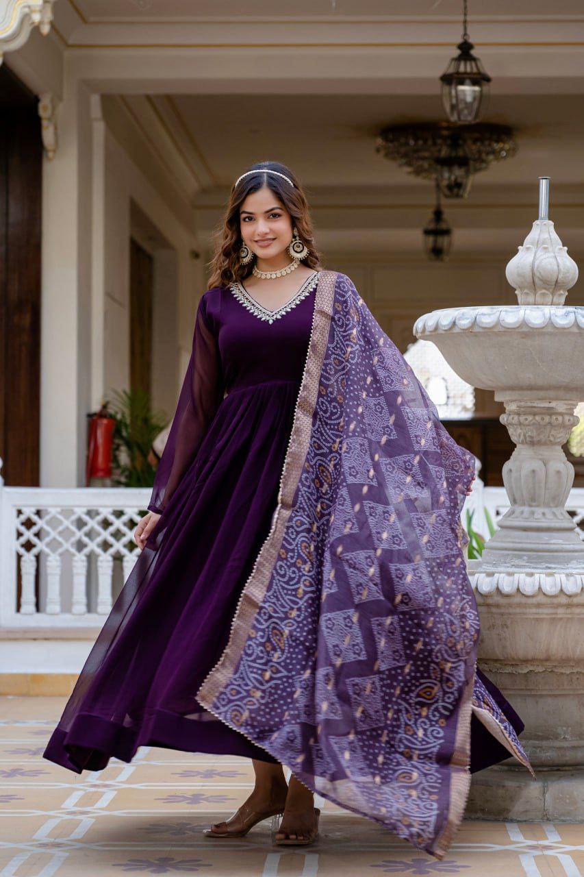 Wine Faux Blooming Gown with Bandhani Printed Jacquard Dupatta