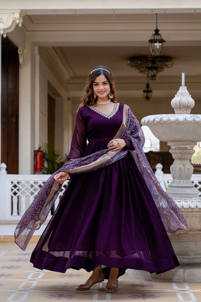 Wine Faux Blooming Gown with Bandhani Printed Jacquard Dupatta