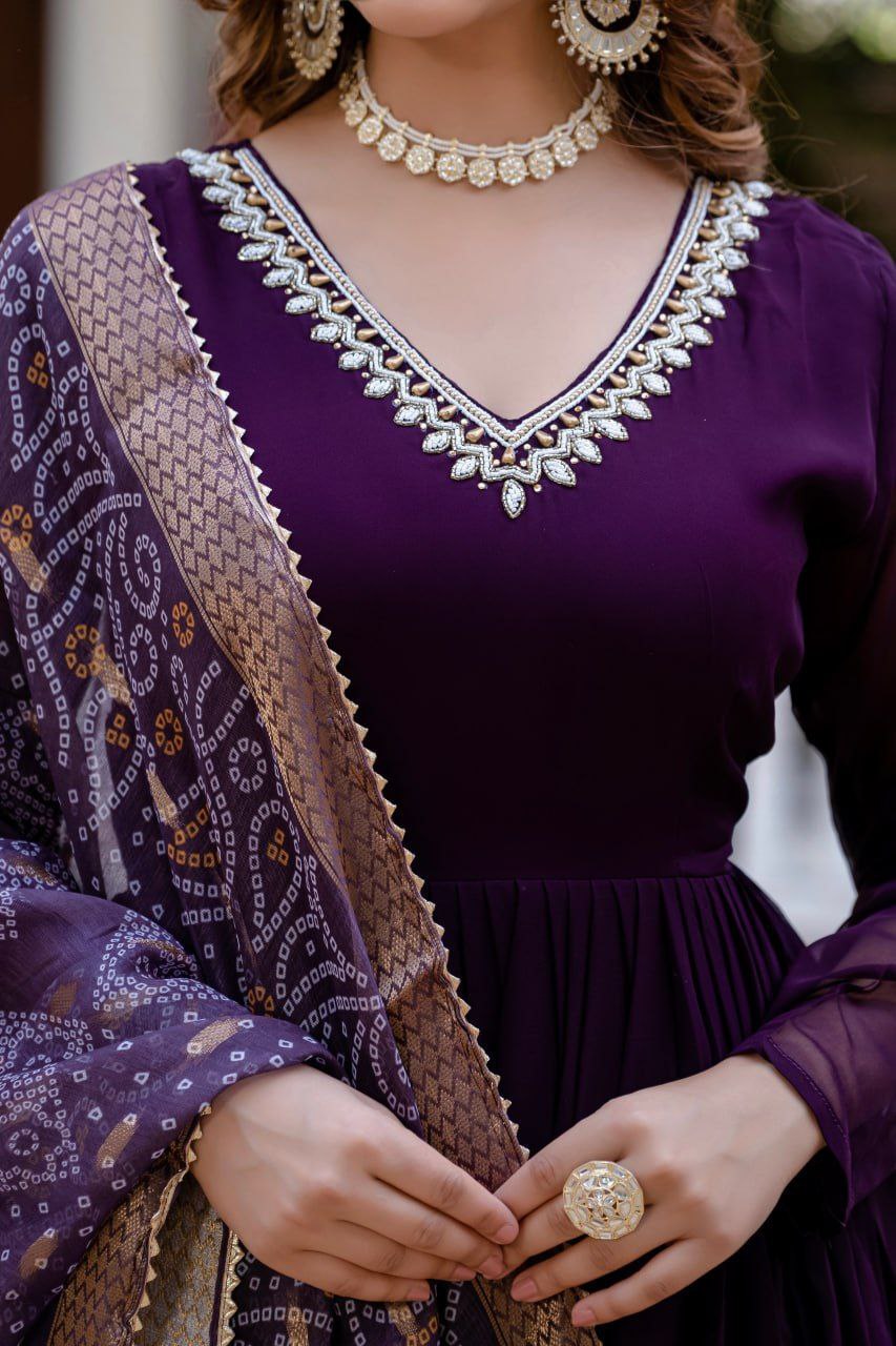 Wine Faux Blooming Gown with Bandhani Printed Jacquard Dupatta