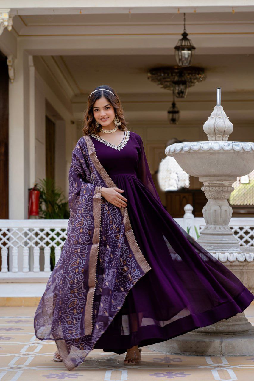 Wine Faux Blooming Gown with Bandhani Printed Jacquard Dupatta