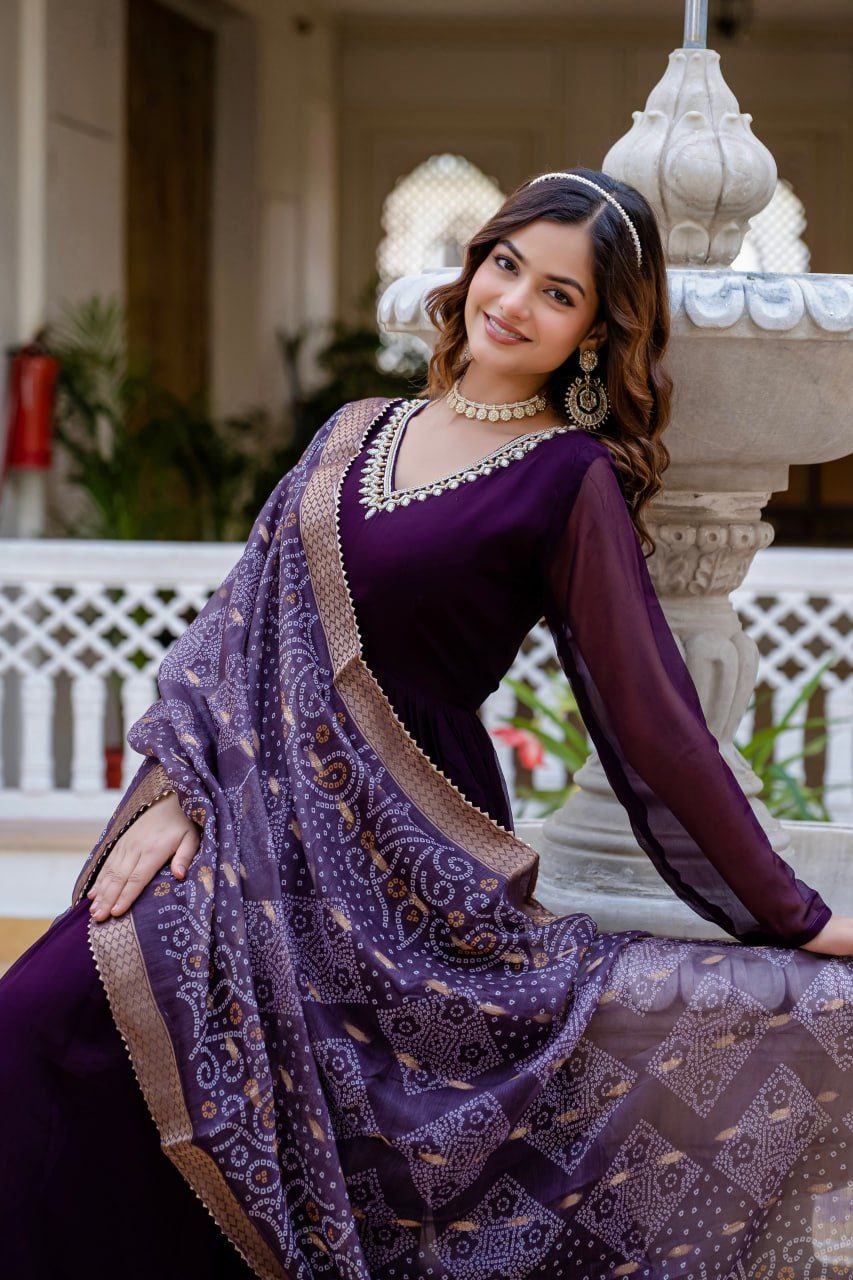 Wine Faux Blooming Gown with Bandhani Printed Jacquard Dupatta