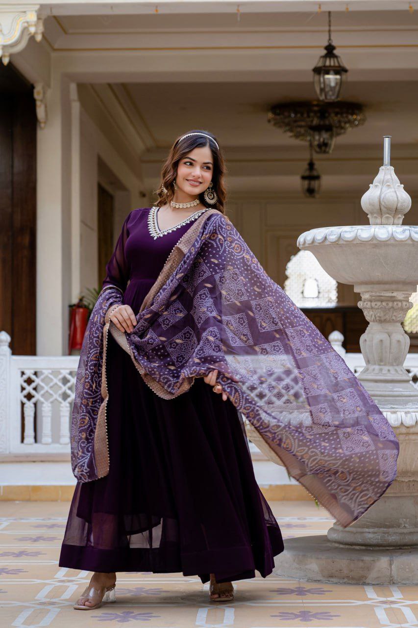 Wine Faux Blooming Gown with Bandhani Printed Jacquard Dupatta