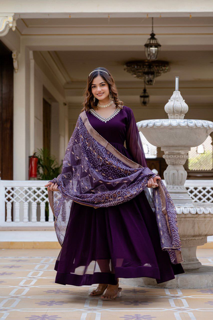 Wine Faux Blooming Gown with Bandhani Printed Jacquard Dupatta