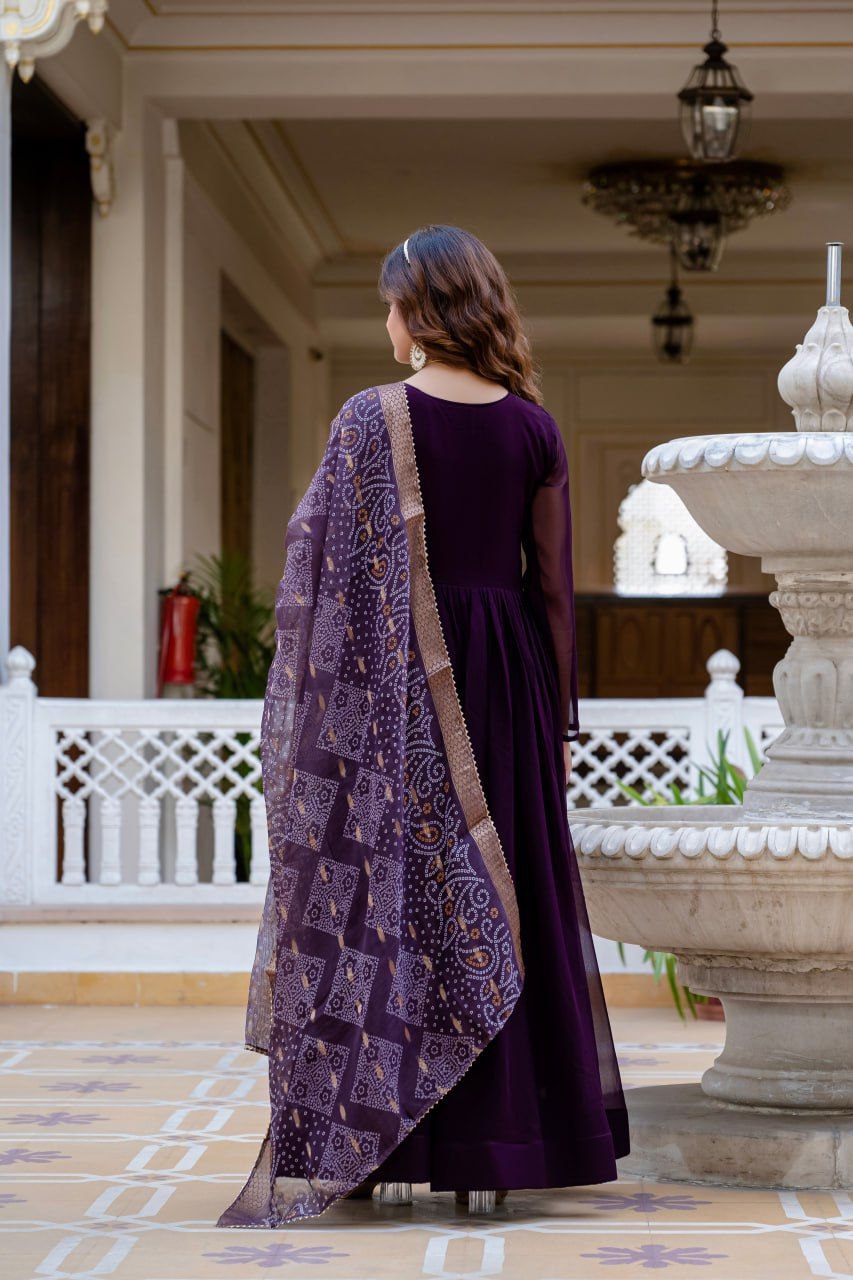 Wine Faux Blooming Gown with Bandhani Printed Jacquard Dupatta