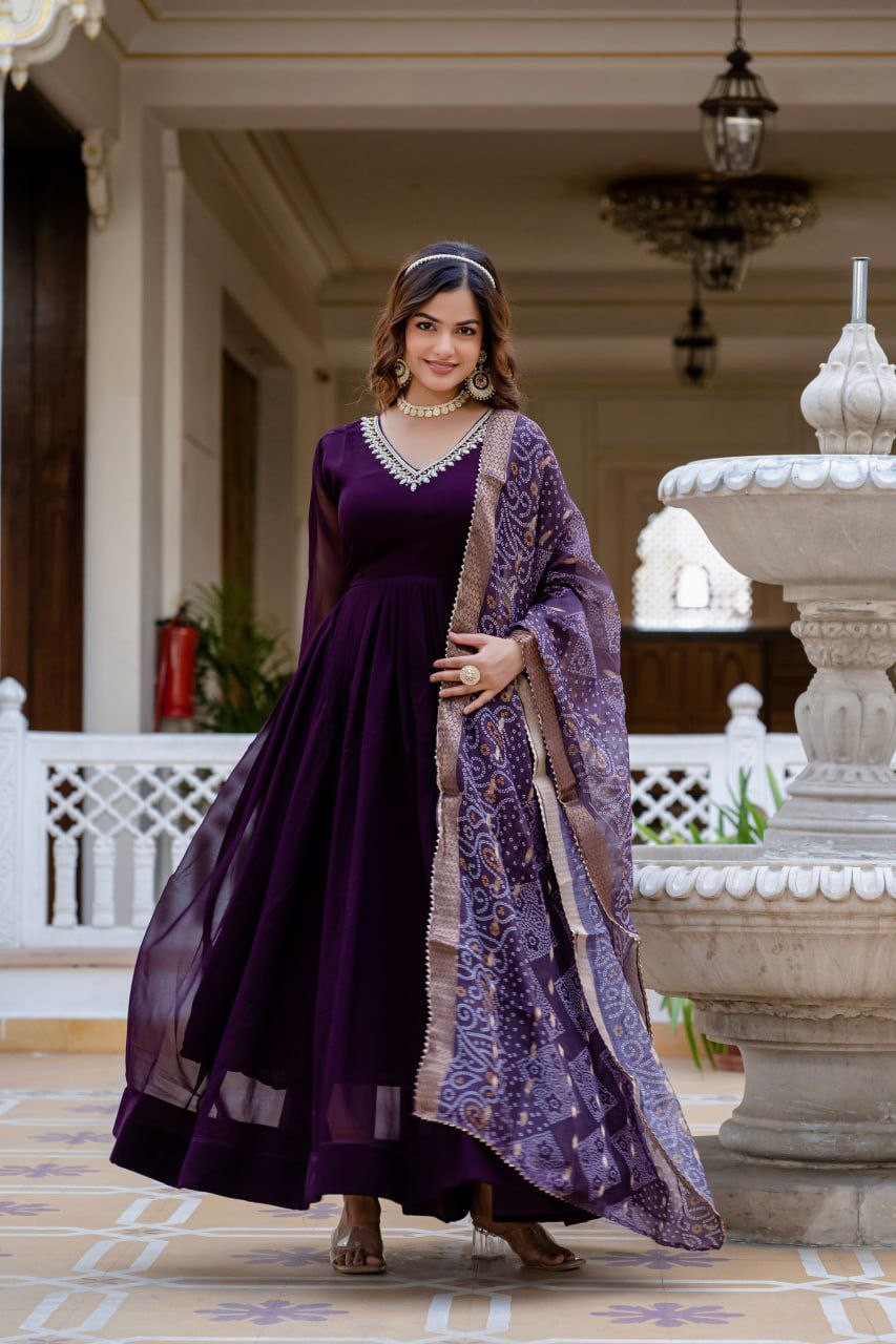 Wine Faux Blooming Gown with Bandhani Printed Jacquard Dupatta