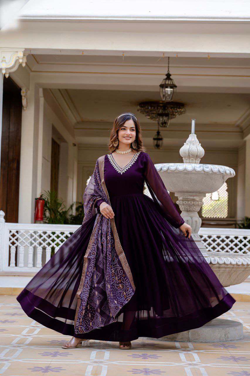 Wine Faux Blooming Gown with Bandhani Printed Jacquard Dupatta