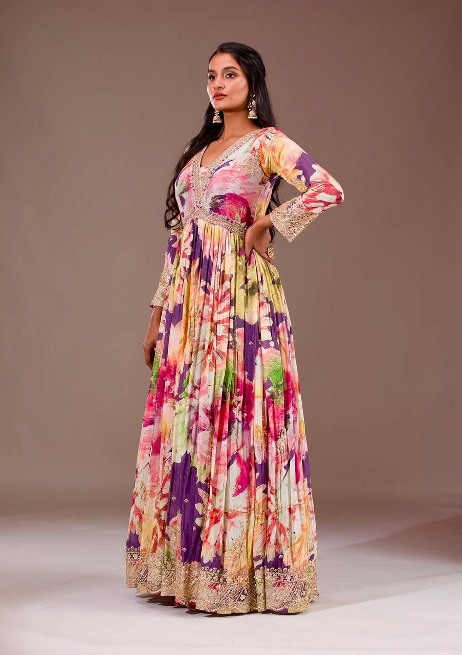 Elegant Heavy Chinon Silk Gown with Digital Floral Prints & Mirror Work Dupatta – Festive Special