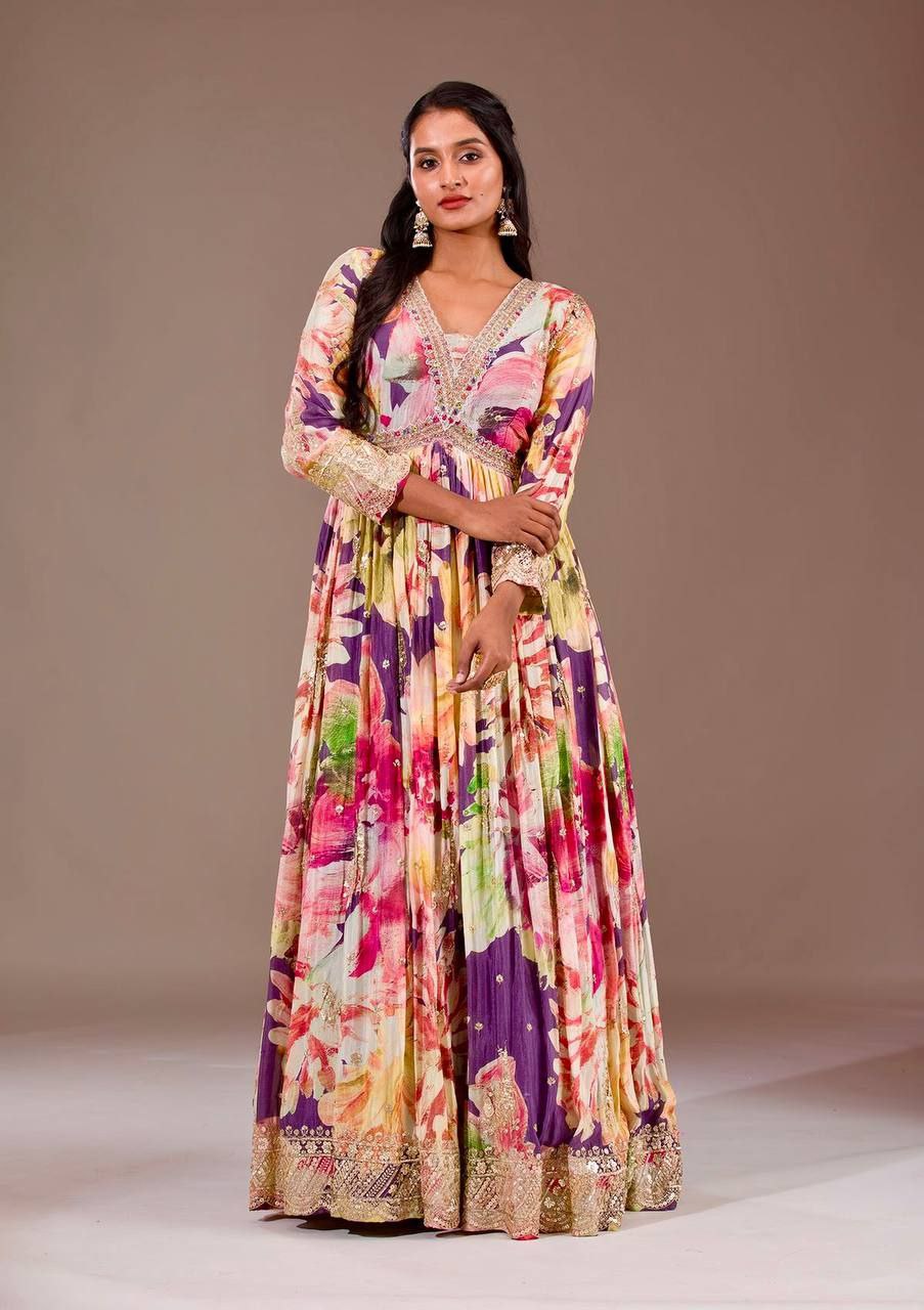 Elegant Heavy Chinon Silk Gown with Digital Floral Prints & Mirror Work Dupatta – Festive Special