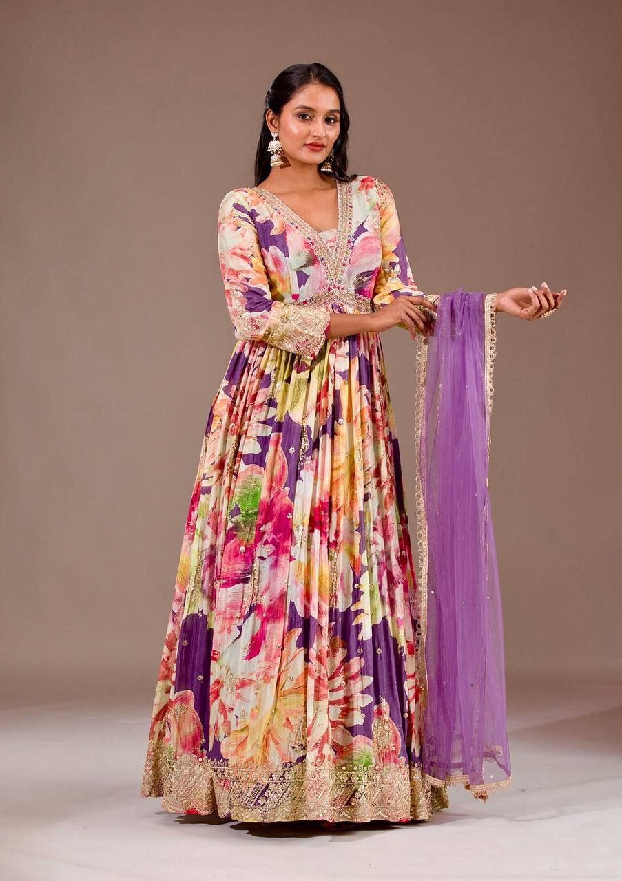 Elegant Heavy Chinon Silk Gown with Digital Floral Prints & Mirror Work Dupatta – Festive Special
