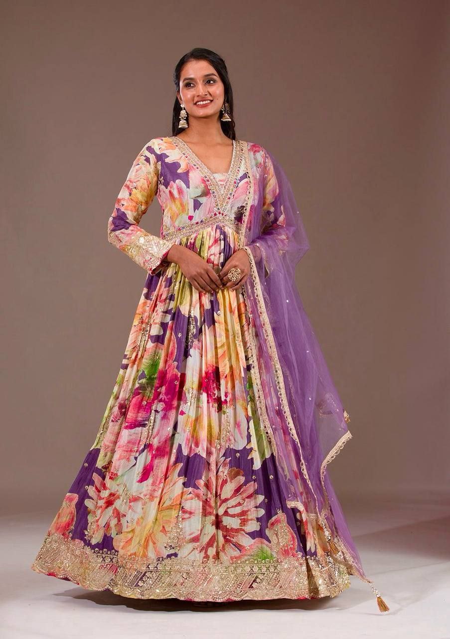 Elegant Heavy Chinon Silk Gown with Digital Floral Prints & Mirror Work Dupatta – Festive Special