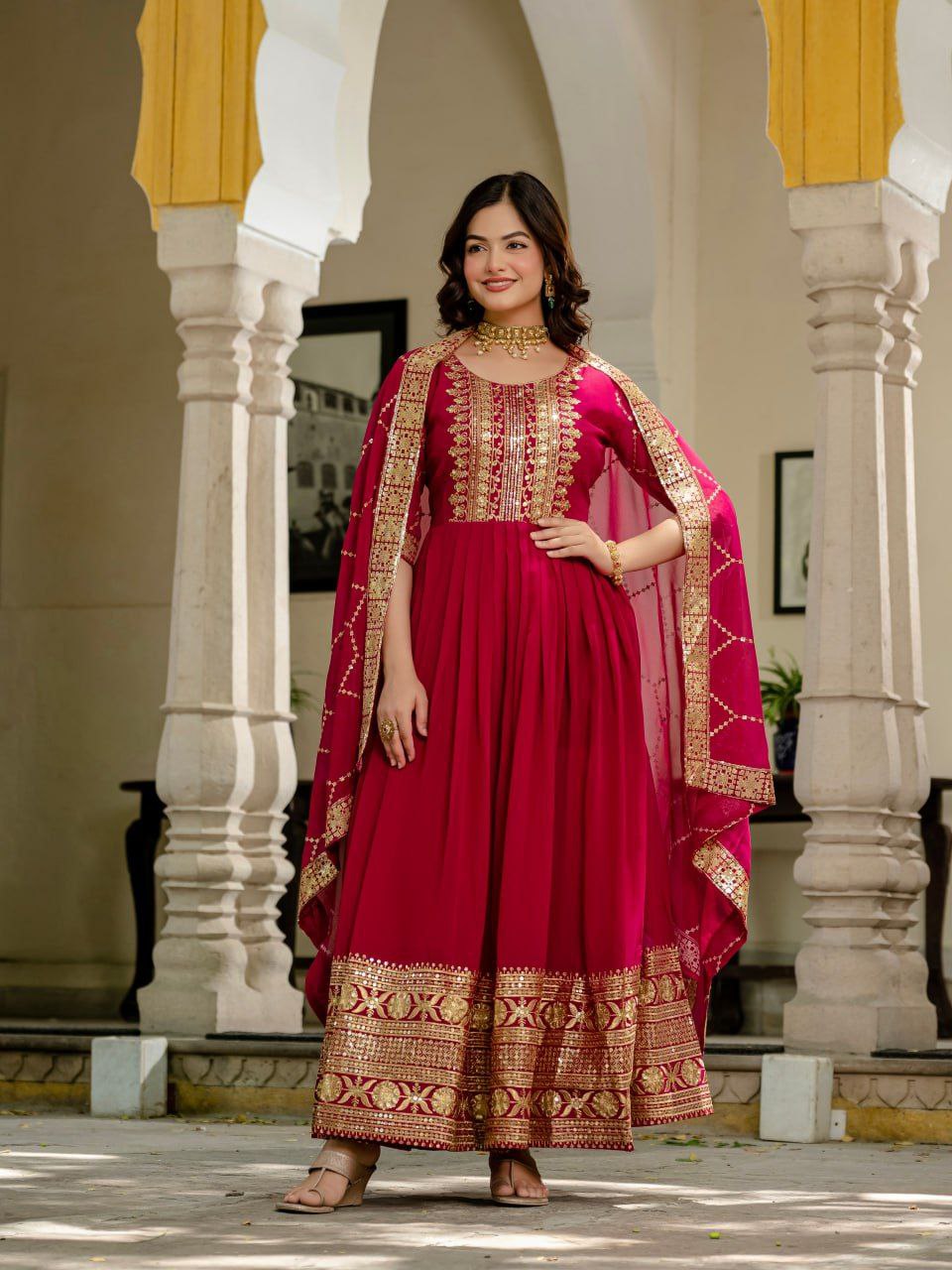 Premium Pink Faux Blooming Anarkali Gown with Sequins Embroidery & Dupatta