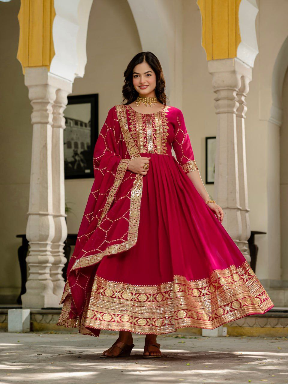 Premium Pink Faux Blooming Anarkali Gown with Sequins Embroidery & Dupatta