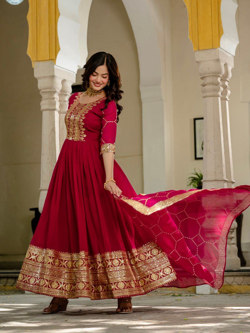 Premium Pink Faux Blooming Anarkali Gown with Sequins Embroidery & Dupatta