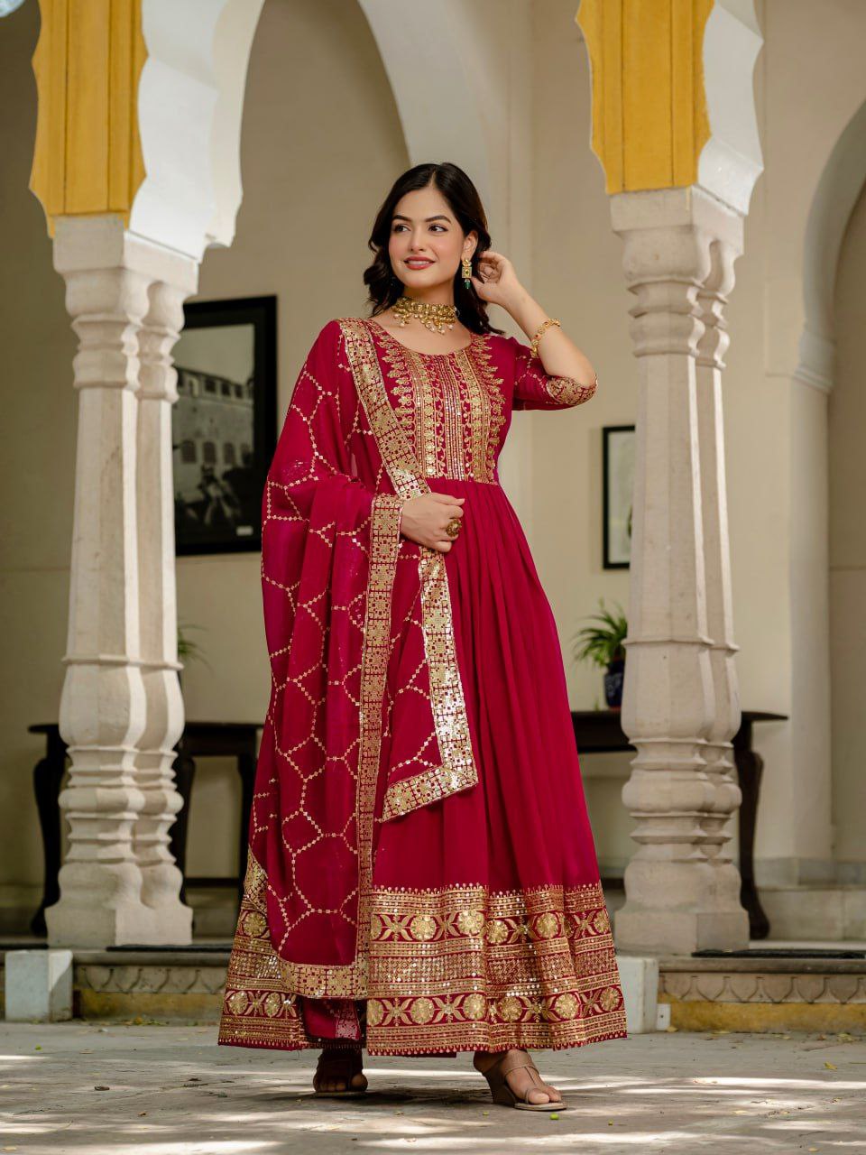 Premium Pink Faux Blooming Anarkali Gown with Sequins Embroidery & Dupatta
