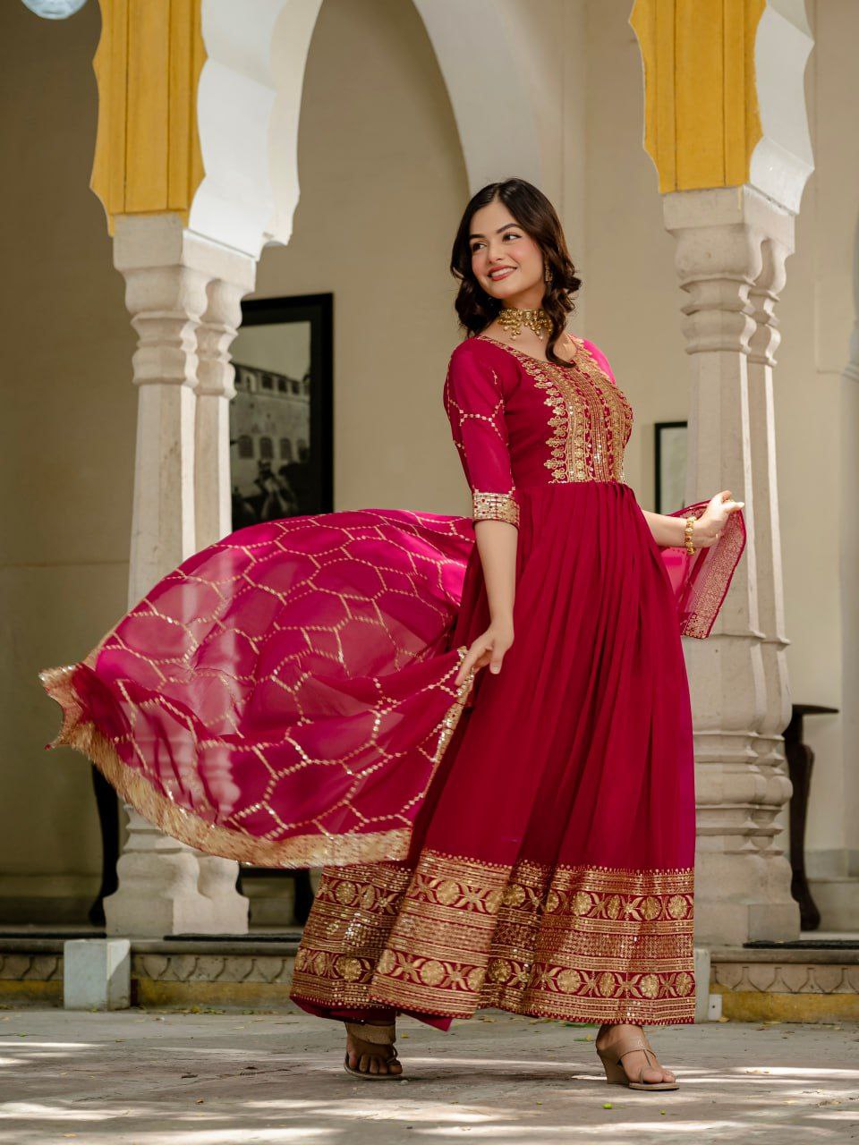 Premium Pink Faux Blooming Anarkali Gown with Sequins Embroidery & Dupatta