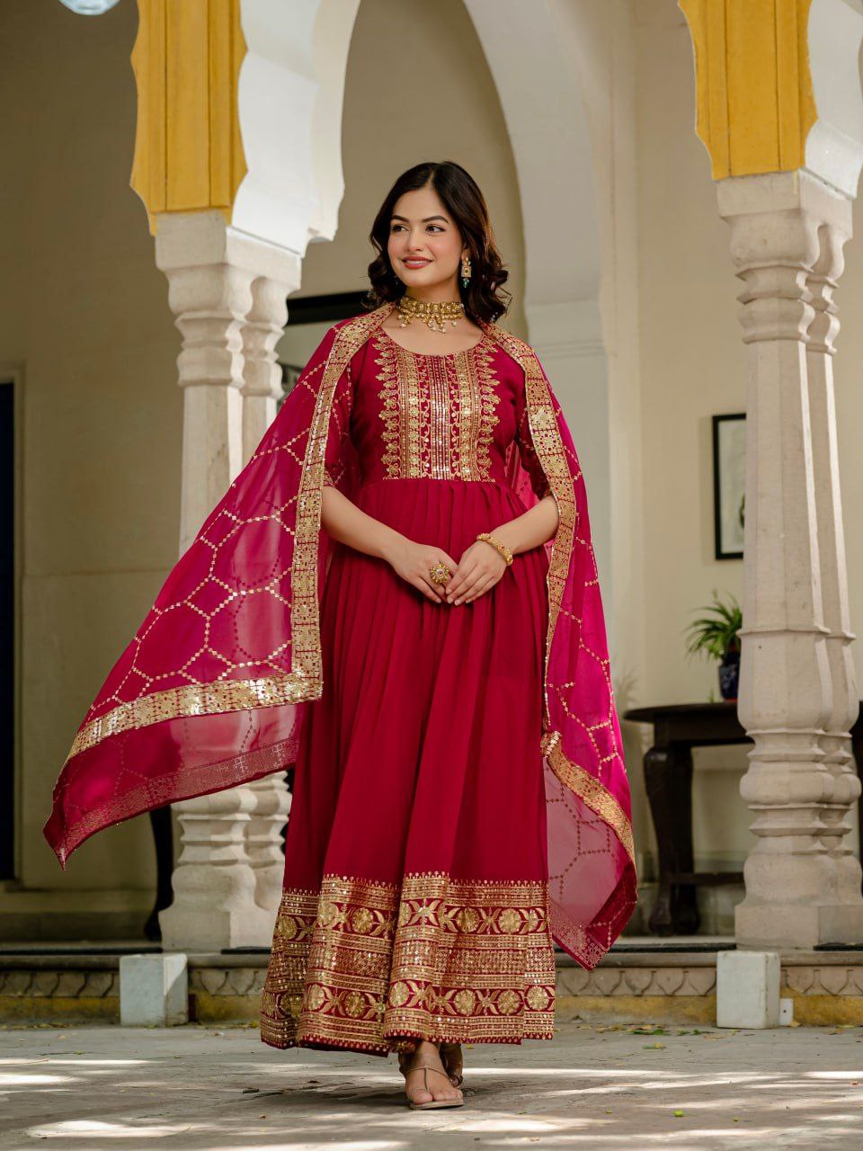 Premium Pink Faux Blooming Anarkali Gown with Sequins Embroidery & Dupatta
