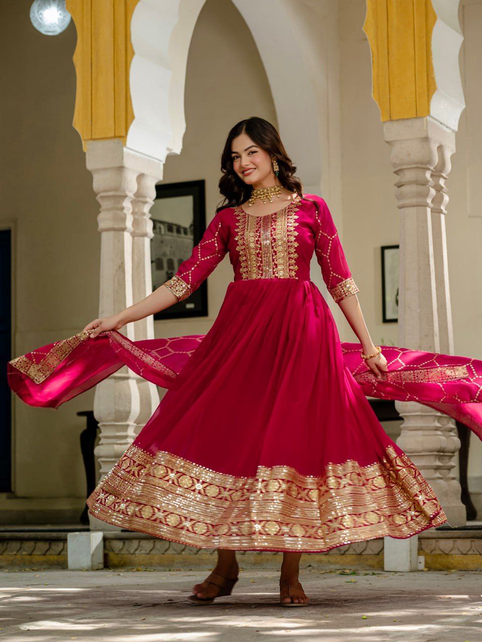 Premium Pink Faux Blooming Anarkali Gown with Sequins Embroidery & Dupatta