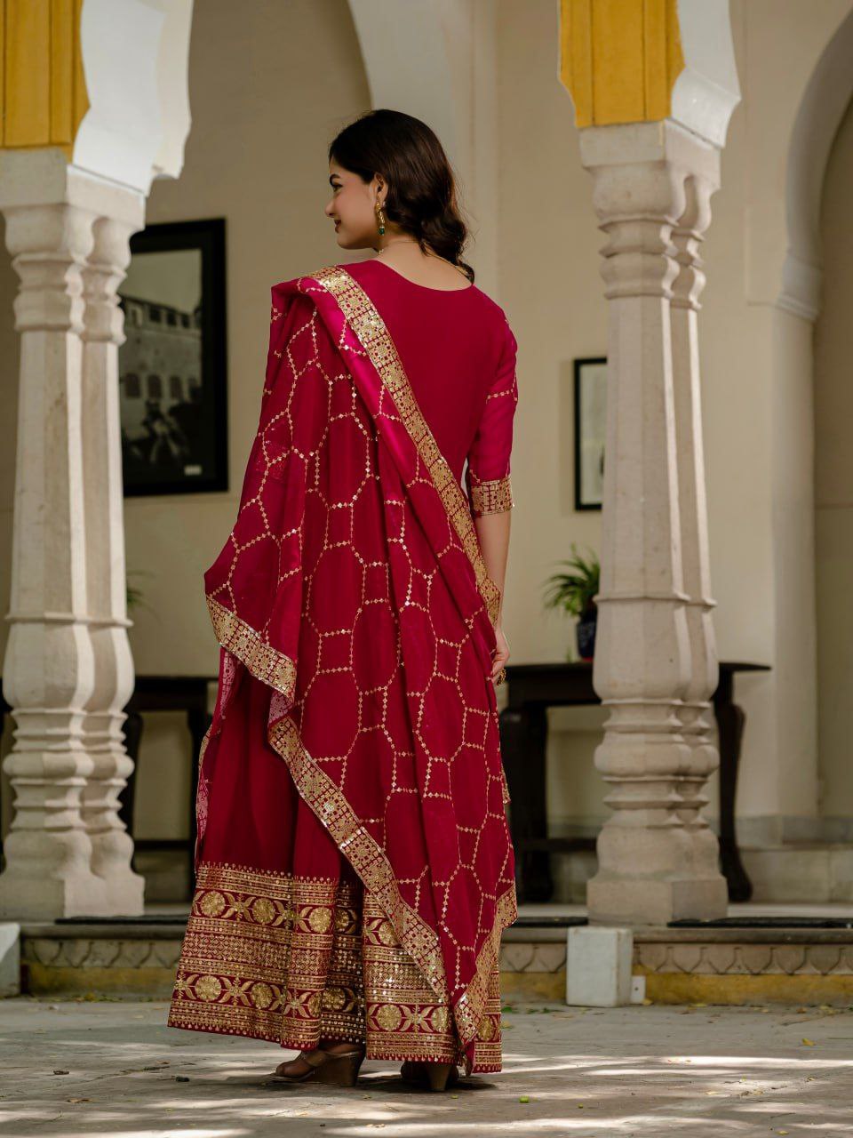 Premium Pink Faux Blooming Anarkali Gown with Sequins Embroidery & Dupatta