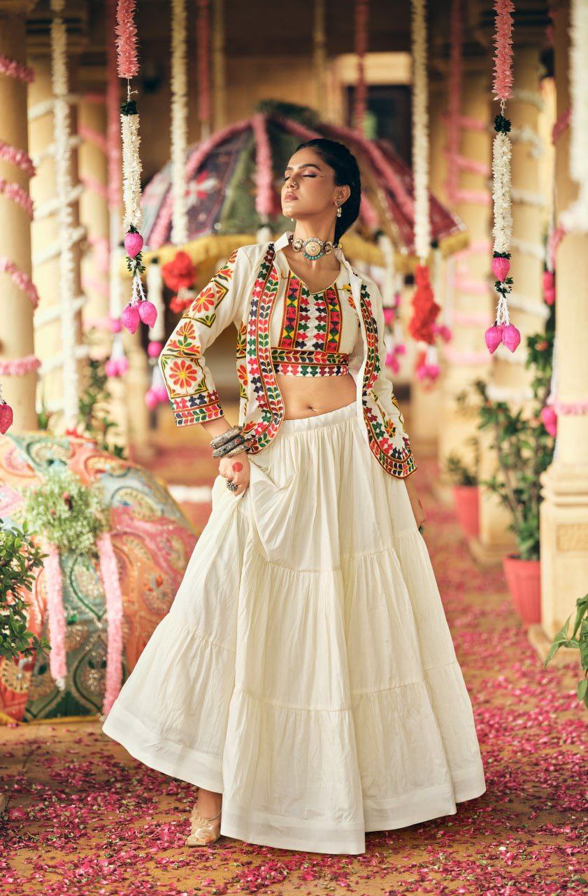 Pure Cotton Embroidered Lehenga, Blouse & Koti Set