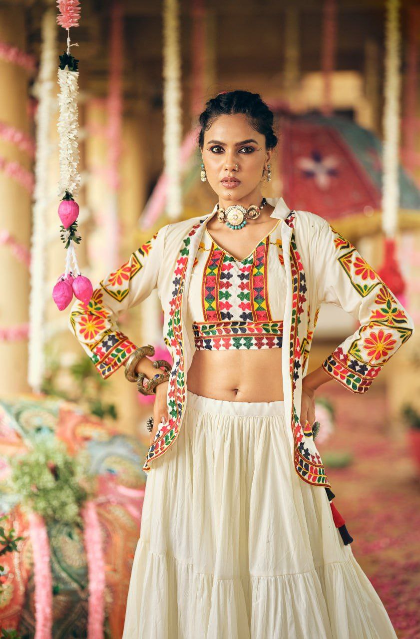 Pure Cotton Embroidered Lehenga, Blouse & Koti Set