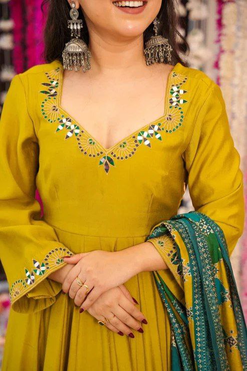 Mustard Silk Chanderi Embroidered Kurti Set with Printed Dupatta