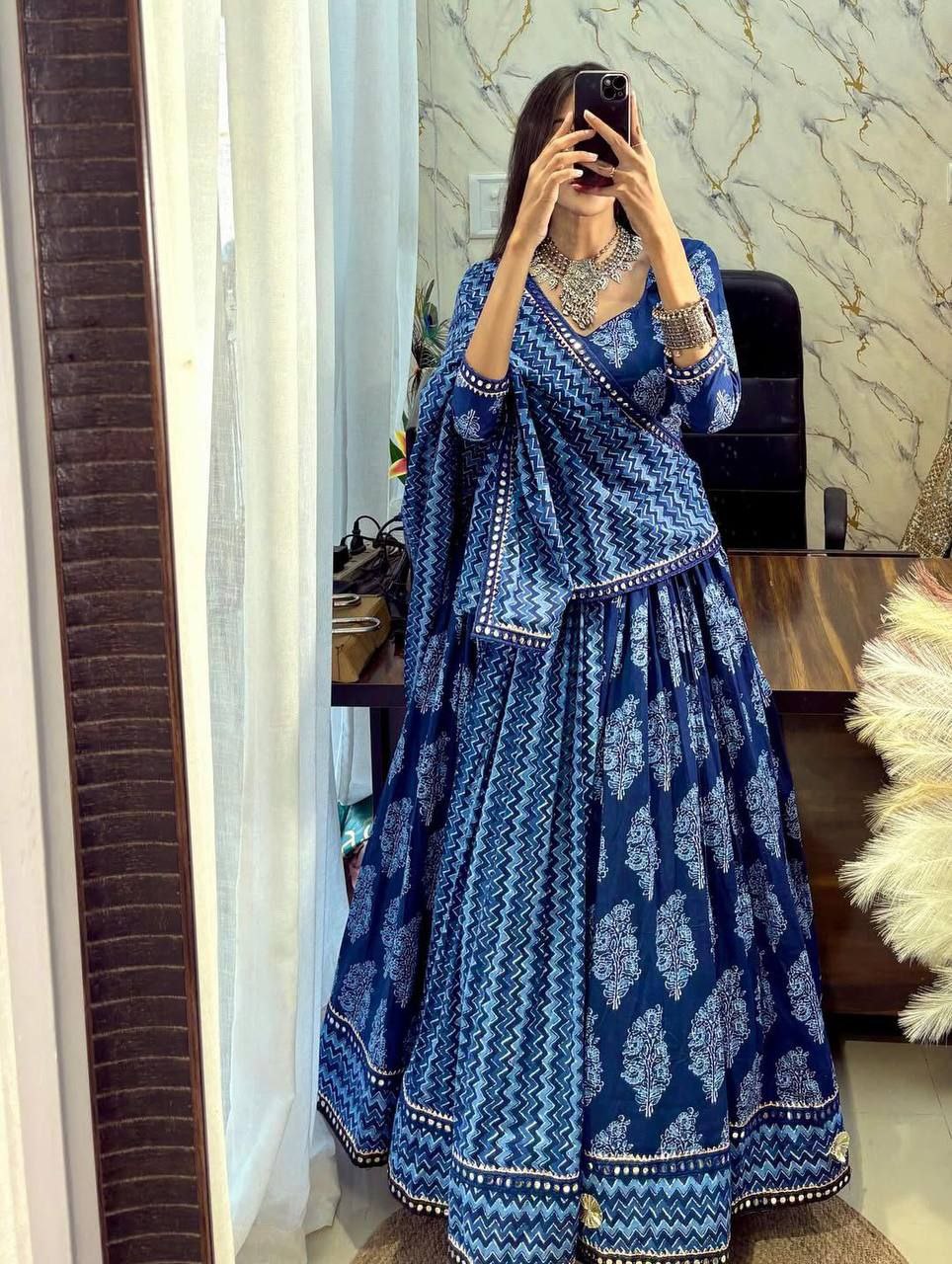 Printed Polly Reyon Full-Stitched Lehenga with Blouse & Mirror Work Dupatta