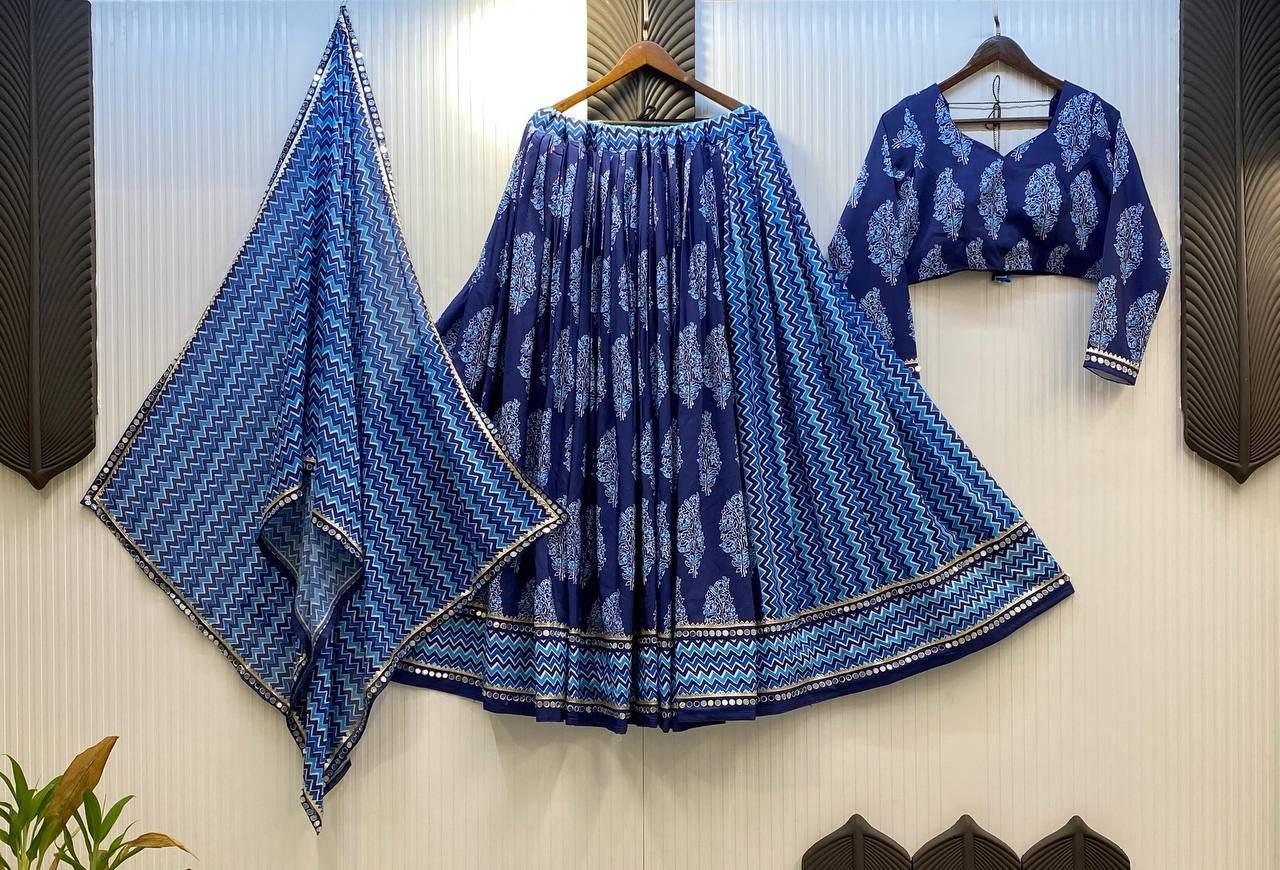 Printed Polly Reyon Full-Stitched Lehenga with Blouse & Mirror Work Dupatta