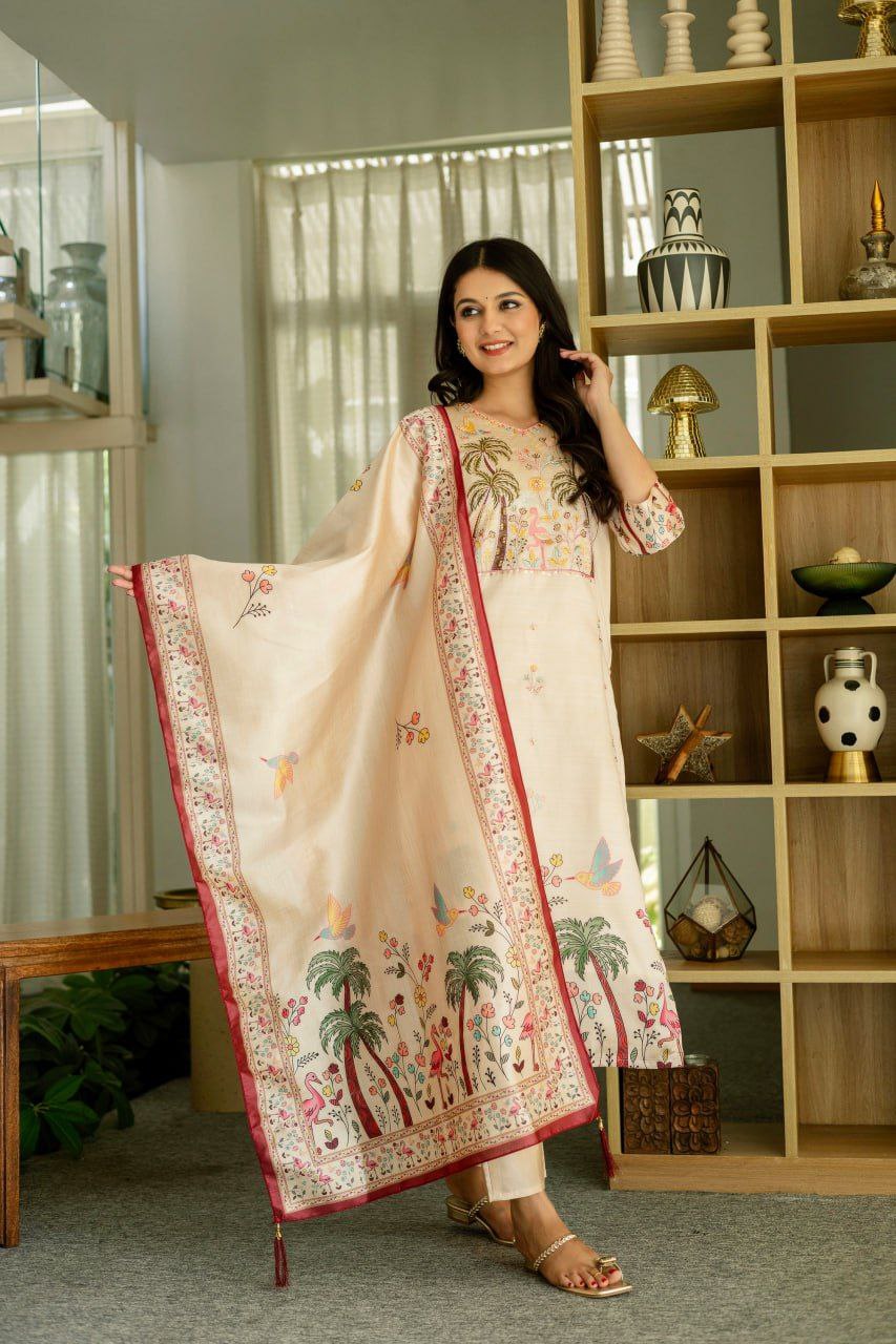 Elegant Beige Viscose Silk Suit Set with Embroidered Beads