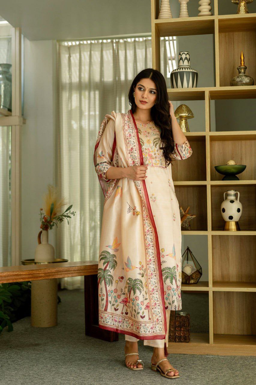 Elegant Beige Viscose Silk Suit Set with Embroidered Beads