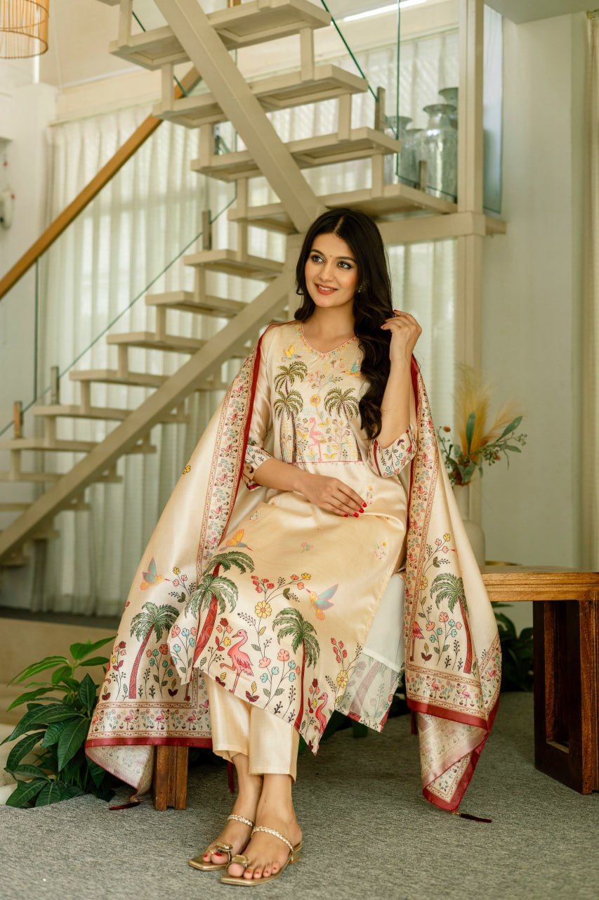 Elegant Beige Viscose Silk Suit Set with Embroidered Beads