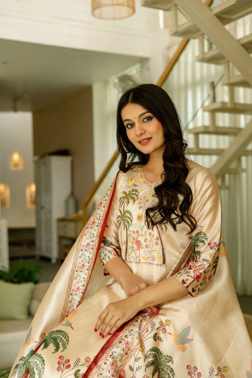 Elegant Beige Viscose Silk Suit Set with Embroidered Beads