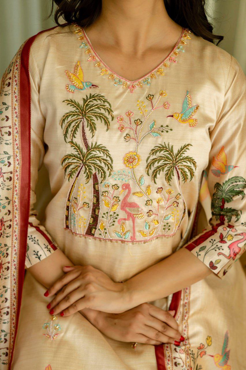 Elegant Beige Viscose Silk Suit Set with Embroidered Beads