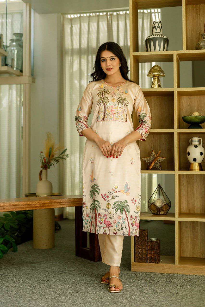 Elegant Beige Viscose Silk Suit Set with Embroidered Beads