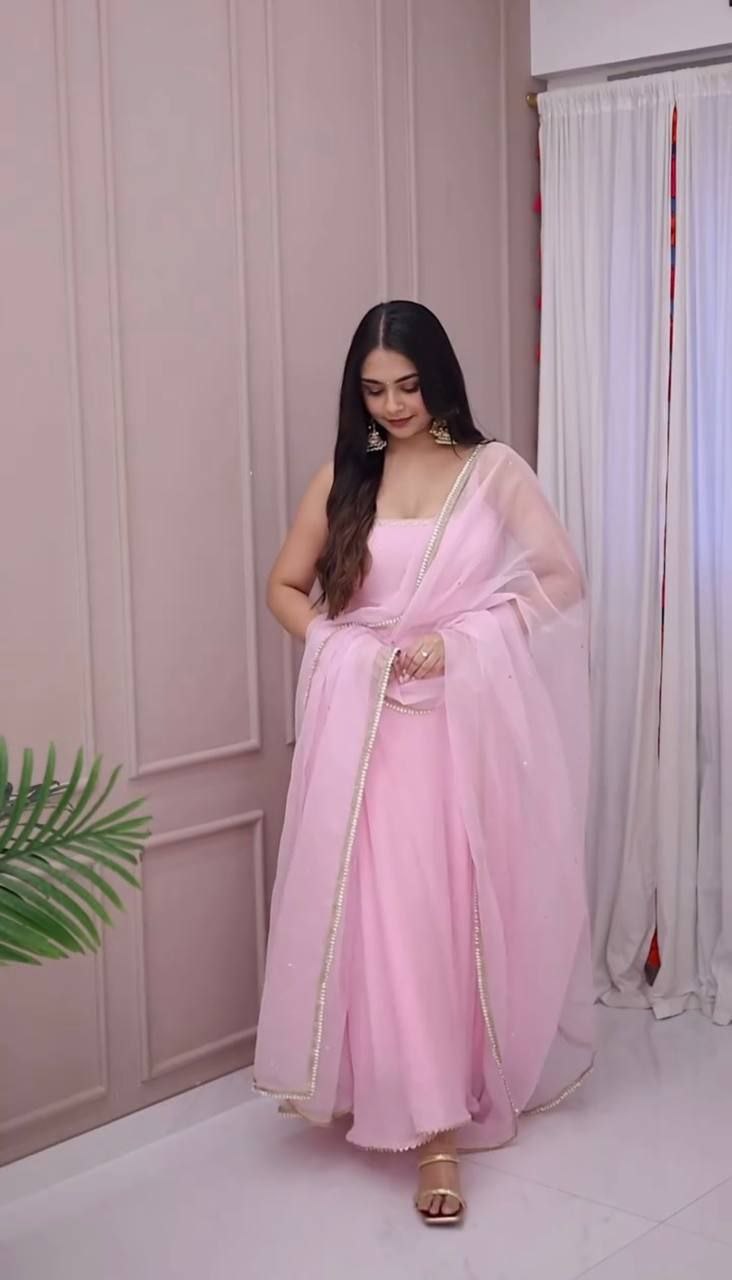 Elegant Faux Georgette Embroidered Suit Set With Fancy Dupatta