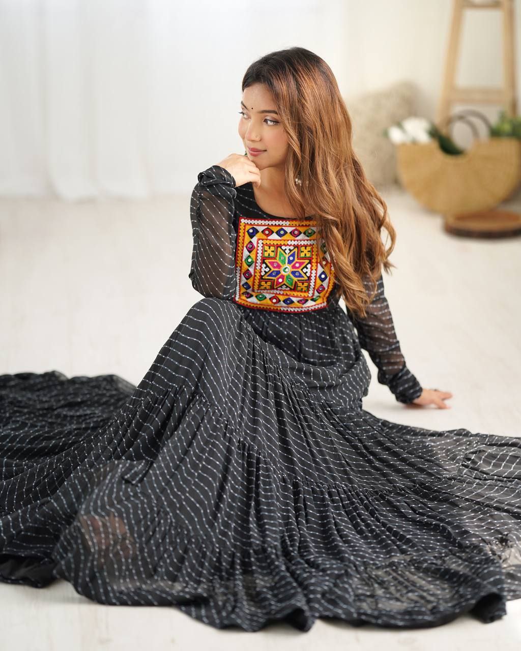 Laheriya Print Fox Georgette Anarkali Gown With Gamthi Work & 7-Meter Flair