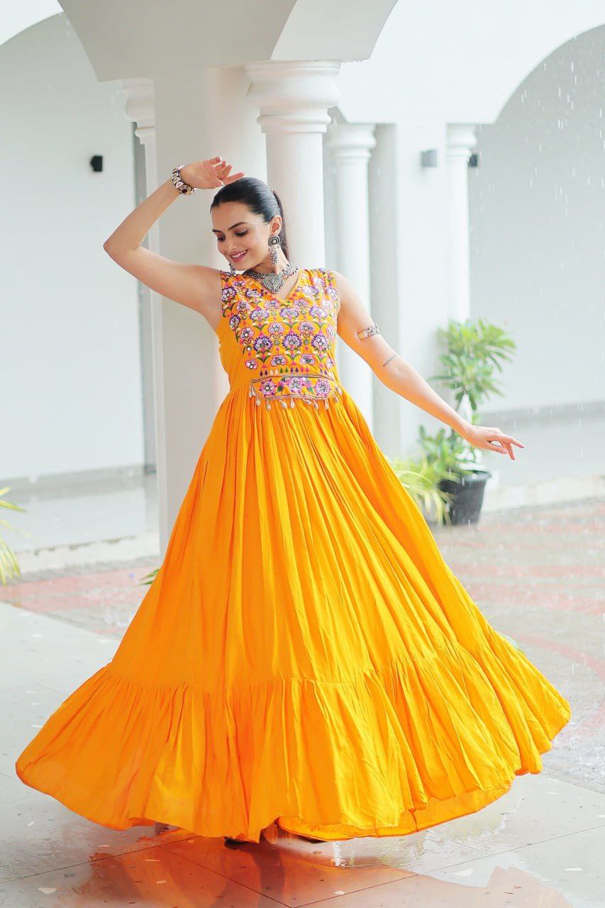 Maroon Rayon Kutchi Gamthi Mirror Work Embroidered Sleeveless Gown